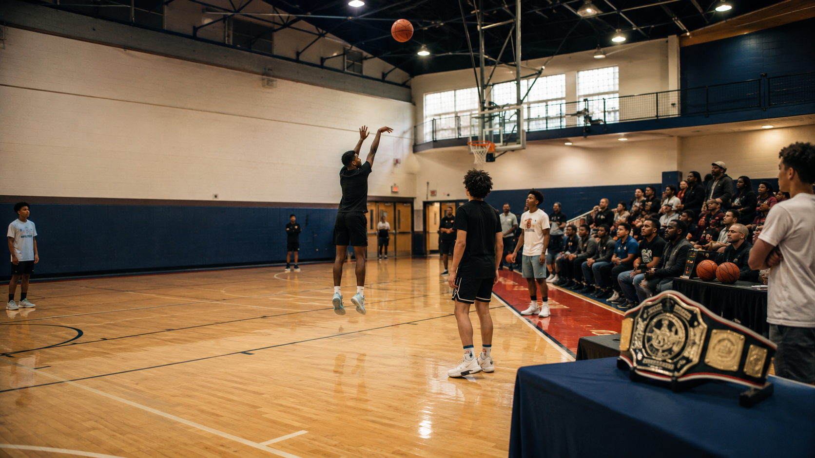 Youth basketball players taking part in a community three-point contest